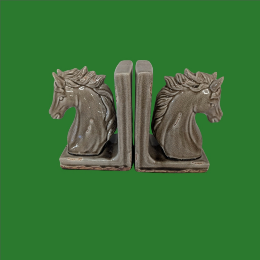 Western Horse Bookends Ceramic Grey 1950s Handmade